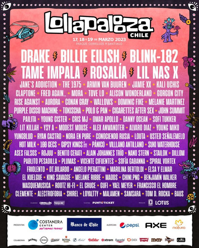 Line Up de la próxima versión del Lollapalooza Chile 2023 a realizarse en parque Cerrillos